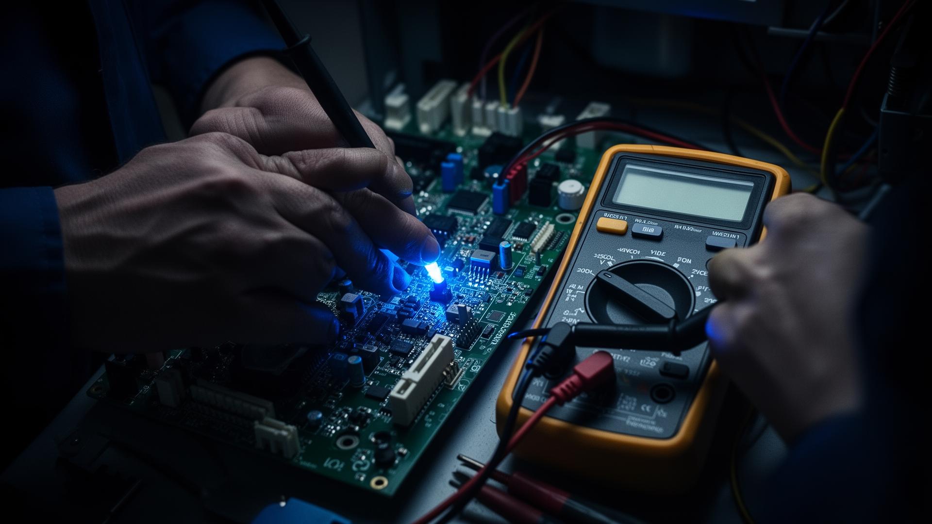 Engineer diagnosing a control board with a multimeter